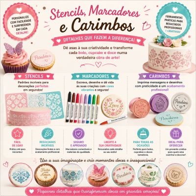 Stencils, marcadores coloridos e carimbos para decoração de bolos, cupcakes e doces com textos e frases em português.