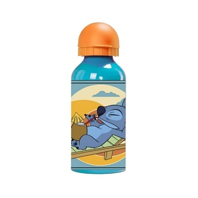 Garrafa azul com tampa laranja e ilustração de rato numa rede