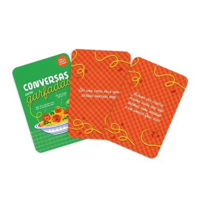 Cartas do jogo Conversas entre Garfadas com design colorido e ilustrações de espaguete