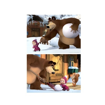 Dois quadros com personagens animados, urso e menina, brincando na neve e numa casa rústica.