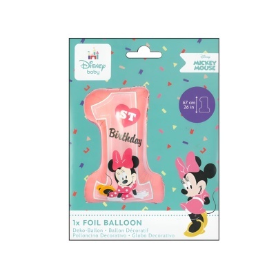 Balão foil rosa número 1 com Minnie Mouse e texto 1st Birthday
