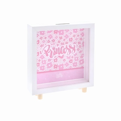 Cofre quadrado branco com decoração rosa e vidro frontal
