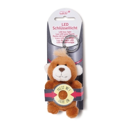 Porta-chaves urso de peluche castanho com botão LED e embalagem multilingue