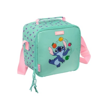 Mala térmica azul turquesa com ilustração de Stitch e alças rosas
