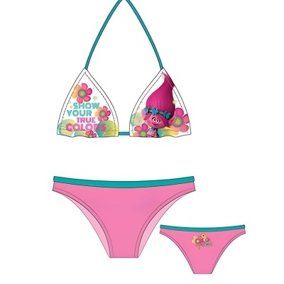 Fato de banho de criança rosa e azul com personagens dos Trolls e texto colorido