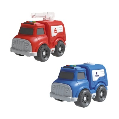 Carrinhos de brinquedo vermelhos e azuis de plástico com rodas grandes.