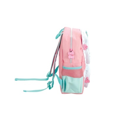 Mochila rosa com detalhes azul e branco com zíper e alças ajustáveis.