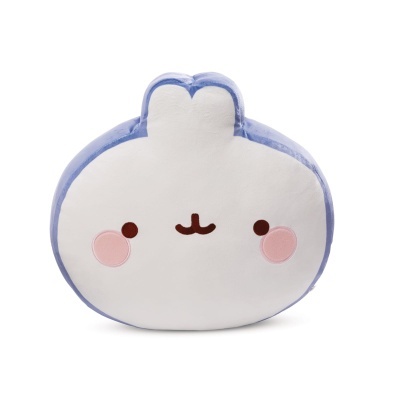 Almofada de rosto de coelho azul claro e branco com bochechas cor-de-rosa