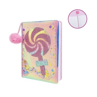 Capa holográfica com pirulito em glitter e pompom cor de rosa