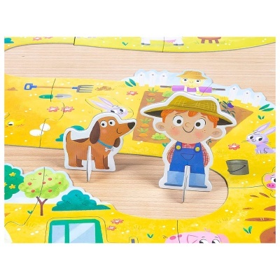 Peças de puzzle de madeira com menino e cão coloridos em ambiente rural ilustrado