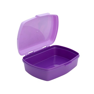 Caixa de plástico roxa com tampa translúcida aberta