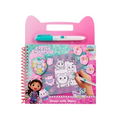 Livro de colorir Gabys Dollhouse com caneta azul e embalagem rosa
