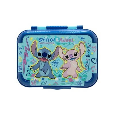 Caixa azul com ilustração dos personagens Stitch e Angel