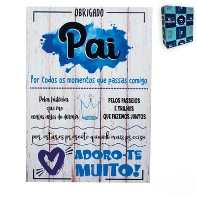 Placa decorativa em madeira com texto de agradecimento ao pai em azul e preto