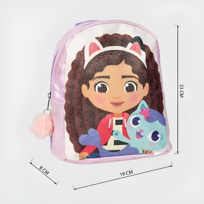 Mochila infantil rosa com desenho de rapariga e criatura azul