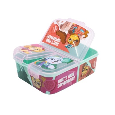 Marmita plástica colorida com personagens animados e texto em inglês