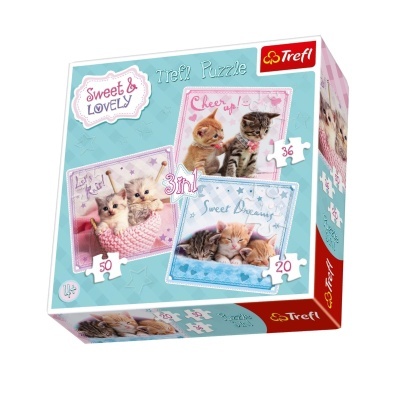 Caixa de puzzle Trefl Sweet & Lovely com três puzzles de gatinhos em tons pastel.