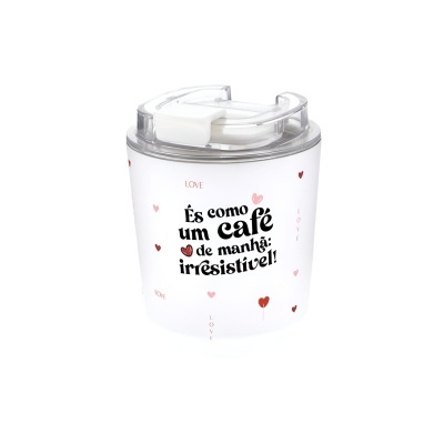 Copo de viagem branco com tampa transparente e frase em português