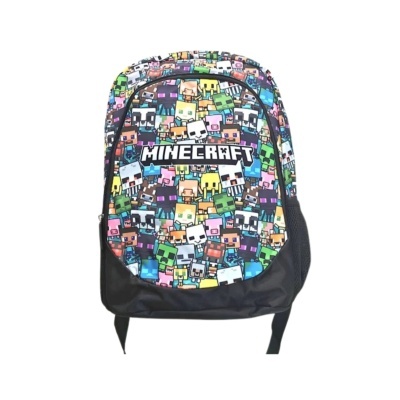 Mochila colorida de personagens do Minecraft com texto MINECRAFT