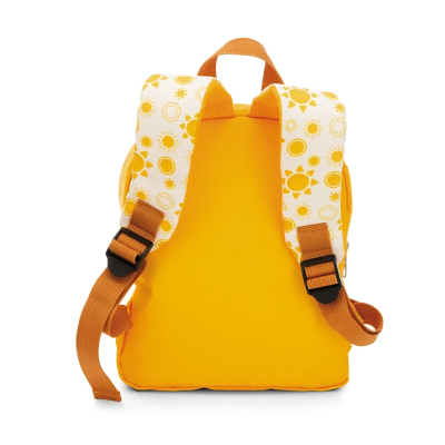 mochila amarela com alças brancas estampadas com desenhos de sol amarelos
