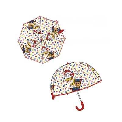 Guarda-chuva infantil transparente com padrão colorido e personagens de desenhos animados