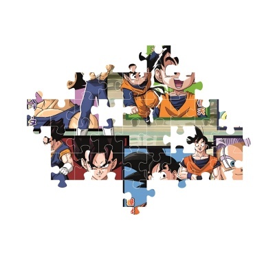 Puzzle incompleto com personagens de anime em roupas laranja e azul