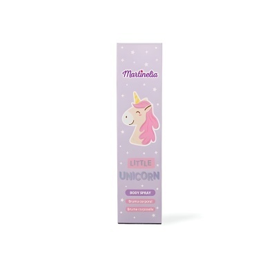 Embalagem de spray corporal Little Unicorn com desenho de unicórnio e texto.