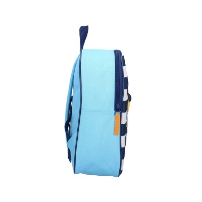 Mochila infantil azul claro e azul escuro com listras brancas vista lateral