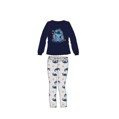 Pijama infantil azul escuro e cinzento com estampa de personagem animada e estrelas