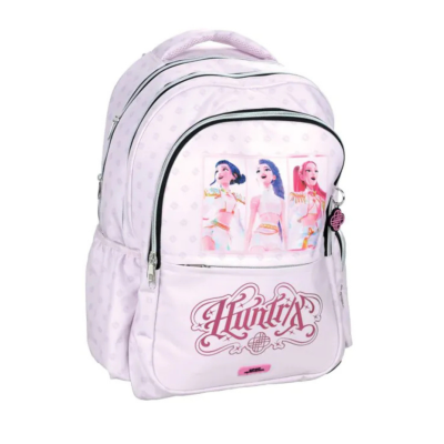 Mochila rosa claro com ilustração colorida e texto decorativo