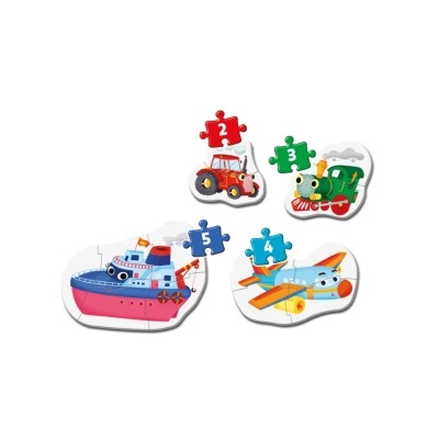 Quatro puzzles de transporte infantil com números coloridos em cada um.