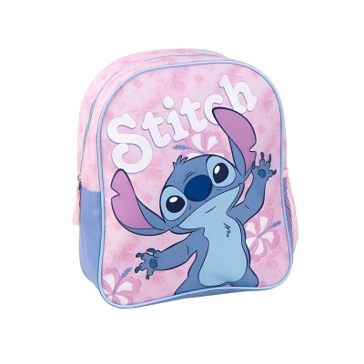 Mochila infantil rosa com personagem Stitch e padrão floral