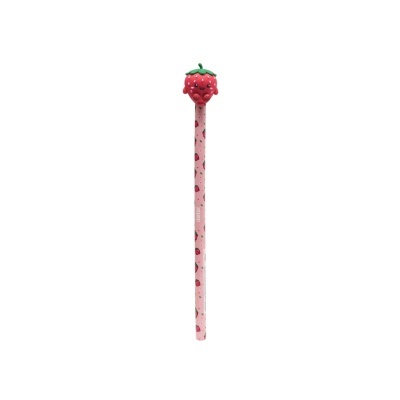 Lápis cor-de-rosa com estampa de morangos e borracha em forma de morango