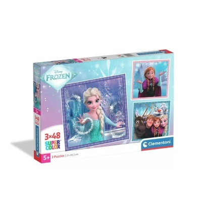 Caixa de puzzles Disney Frozen com personagens Elsa, Anna, Olaf, Sven, Kristoff na embalagem