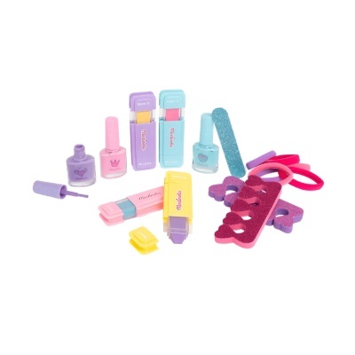 Conjunto de brinquedo de manicure colorido com unhas postiças, esmaltes, lima e acessórios.