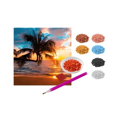 Kit de pintura por números com imagem de pôr do sol e materiais.