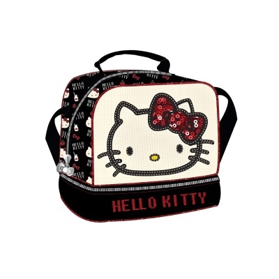 Mala de mão preta Hello Kitty com laço vermelho de lantejoulas e texto na base