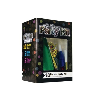 Kit de festa Ano Novo com cornetas coloridas e chapéus em embalagem preta pontilhada