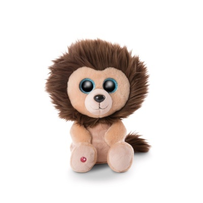 Pelúcia de leão com grande juba castanha e olhos azuis brilhantes.