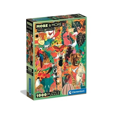 Caixa de puzzle colorida com ilustrações de animais e texto