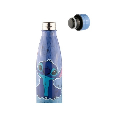 Garrafa térmica azul com personagem Stitch e tampa removida