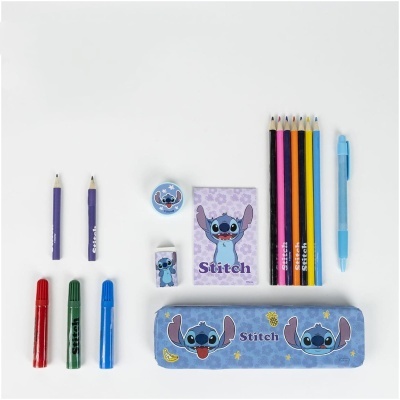 Material escolar azul com estampas e texto Stitch