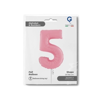 Balão foil número 5 rosa pastel em embalagem branca com texto