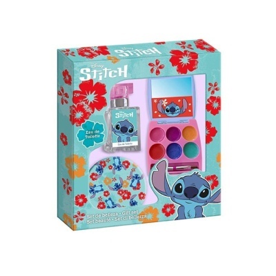 Conjunto de beleza Disney Stitch com Eau de Toilette, maquilhagem colorida e bolsa redonda com padrão de Stitch em caixa decorada.