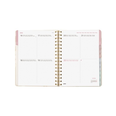 Agenda semanal aberta com espiral dourada e margens cor-de-rosa