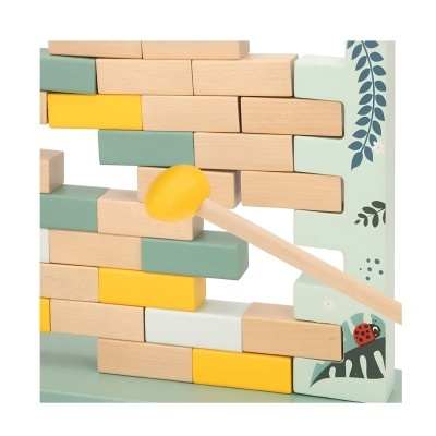 Jogo de blocos de madeira coloridos com suporte decorado e martelo de madeira.