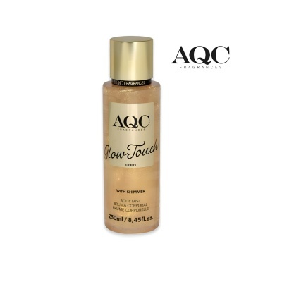 Frasco de Body Mist dourado com brilho da AQC FRAGRANCES