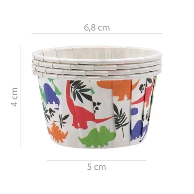 Forminhas de papel coloridas para bolos com estampado de dinossauros e medidas indicadas