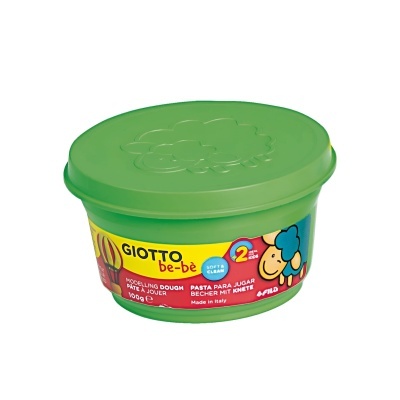 Pote verde de plástico com tampa e rótulo colorido da massa de molde Giotto be-bè