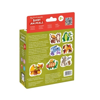 Caixa de puzzle com tema animais bebés e texto informativo